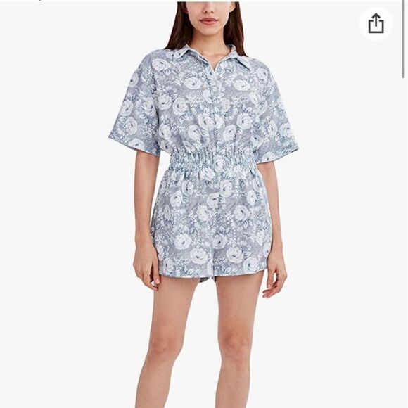 BCBGeneration Blue White Floral Stripe Short Sleeve Collar Button Down Romper L - Picture 1 of 10
